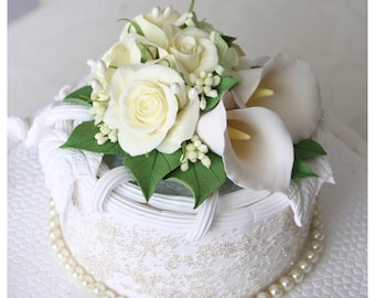 Decorazioni per torte, Wedding Cake Topper, Topper torta con rose gialle pallide e avorio Calla Lilies, fiore Cake Topper, Cake Topper fiori